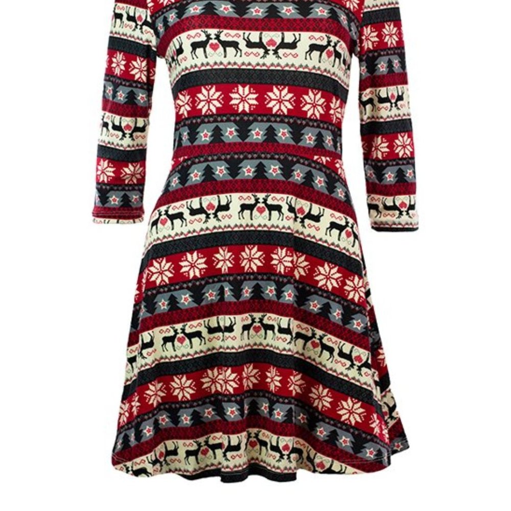 NWt Red & Black Snowflake Stripe Long-Sleeve A-Line Dress - M - Picture 2 of 2